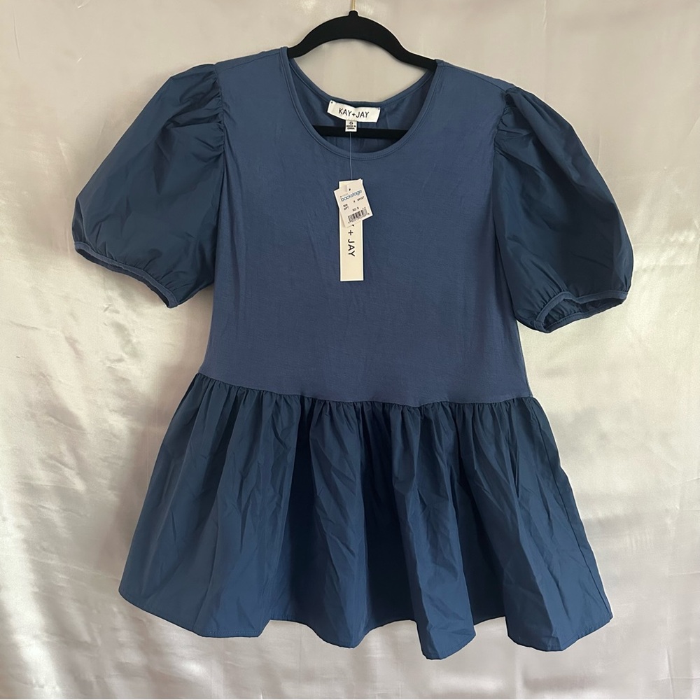 Kay + Jay Women's Top Blouse S Balloon Sleeve Blue